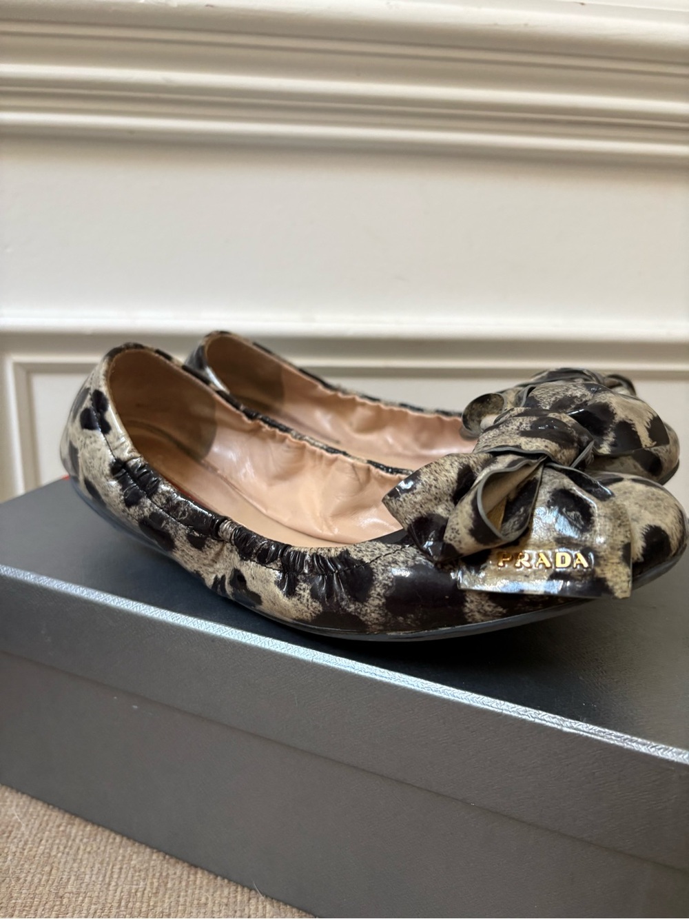 Prada Leopard-Print Patent Leather Bow Flats in Beige and Black
